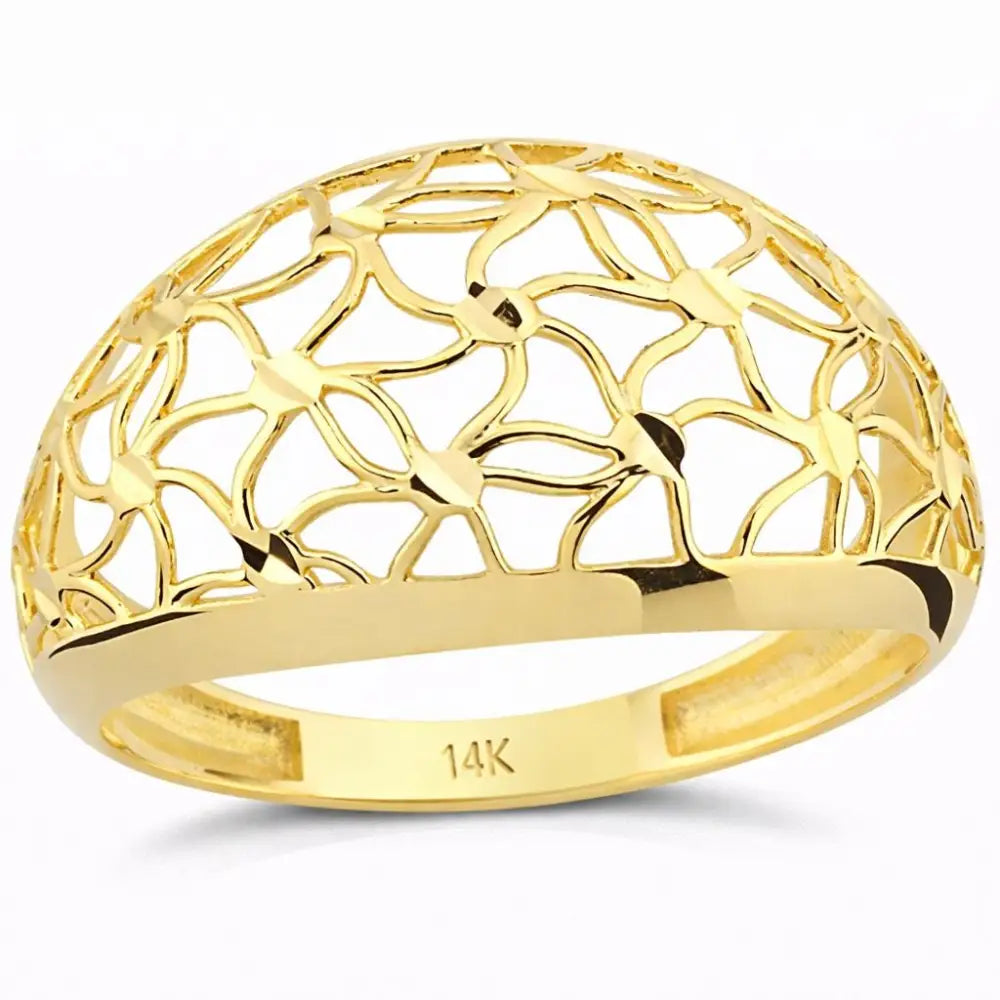 14K Solid Gold Handmade Openwork Ring Elegant Floral Lattice Design Wide Band Fine Jewelry