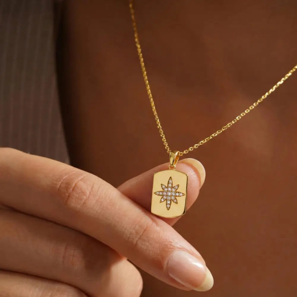 14K Solid Gold Handmade Star Cz Necklace Minimal Compass Star Dog Tag Pendant Jewelry - Jewelry