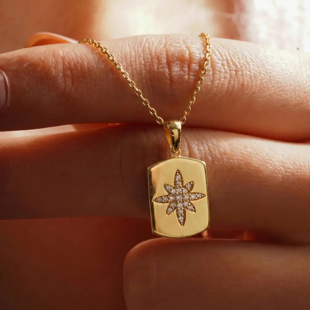 14K Solid Gold Handmade Star Cz Necklace Minimal Compass Star Dog Tag Pendant Jewelry - Jewelry