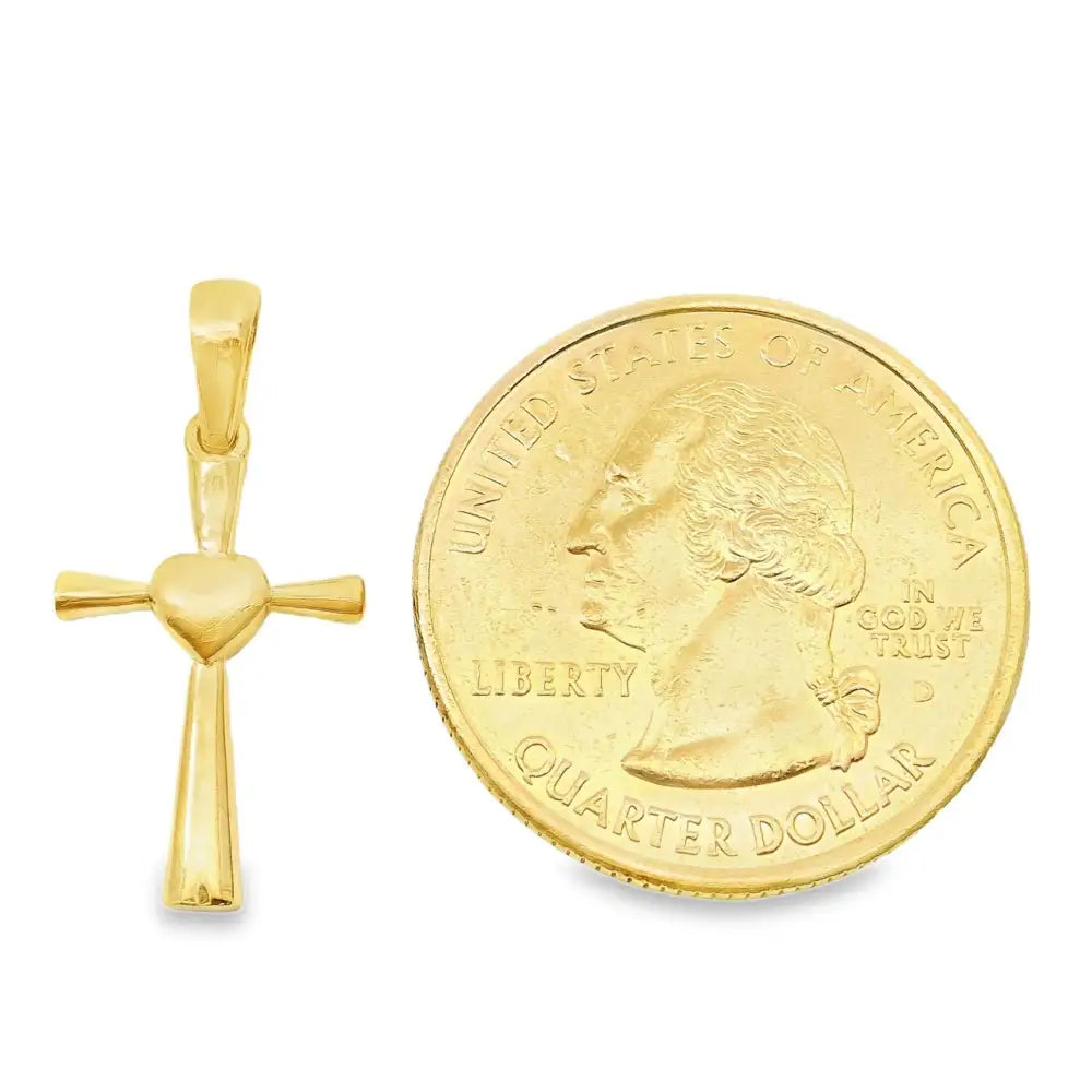 14K Solid Gold Heart Cross Necklace Polished Christian Pendant Faith Love Charm Religious Gift for Her Wife Mom