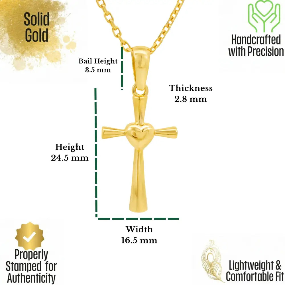 14K Solid Gold Heart Cross Necklace Polished Christian Pendant Faith Love Charm Religious Gift for Her Wife Mom