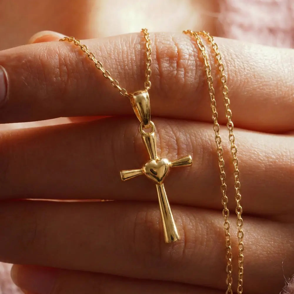 14K Solid Gold Heart Cross Necklace Polished Christian Pendant Faith Love Charm Religious Gift for Her Wife Mom