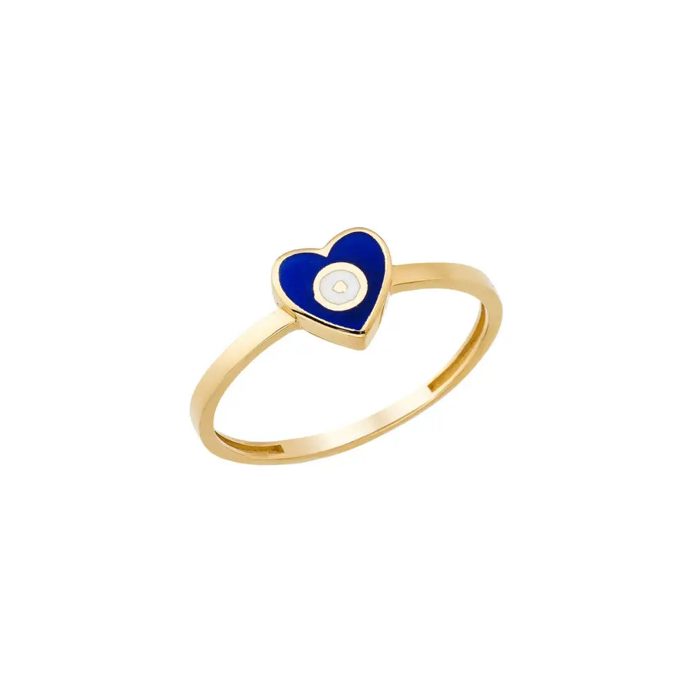 14K Solid Gold Heart Evil Eye Handmade Ring Blue - Rings