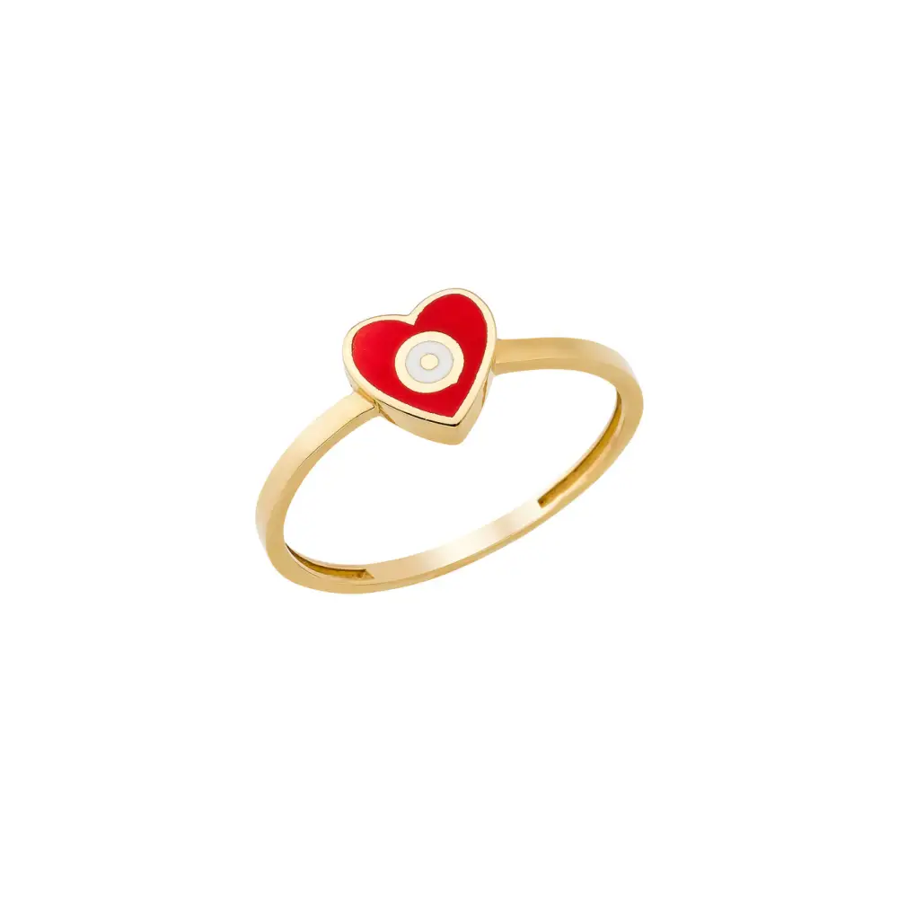 14K Solid Gold Heart Evil Eye Handmade Ring Red - Rings