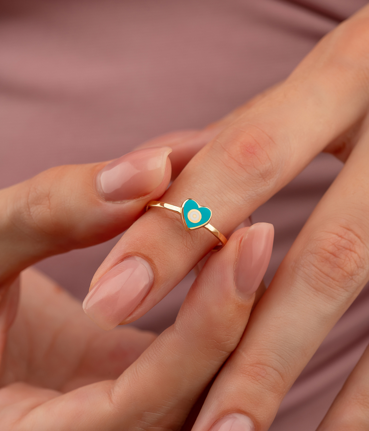 14K Solid Gold Heart Evil Eye Handmade Ring Turquoise - Rings