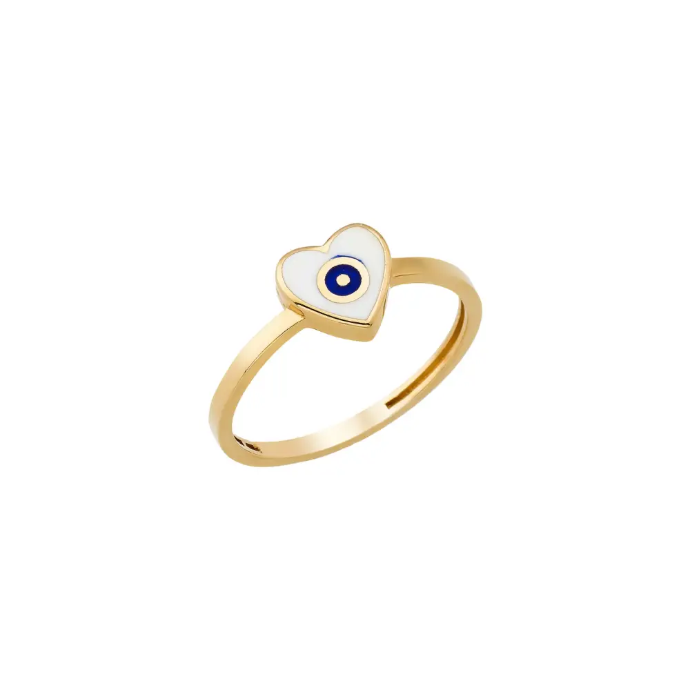 14K Solid Gold Heart Evil Eye Handmade Ring White - Rings