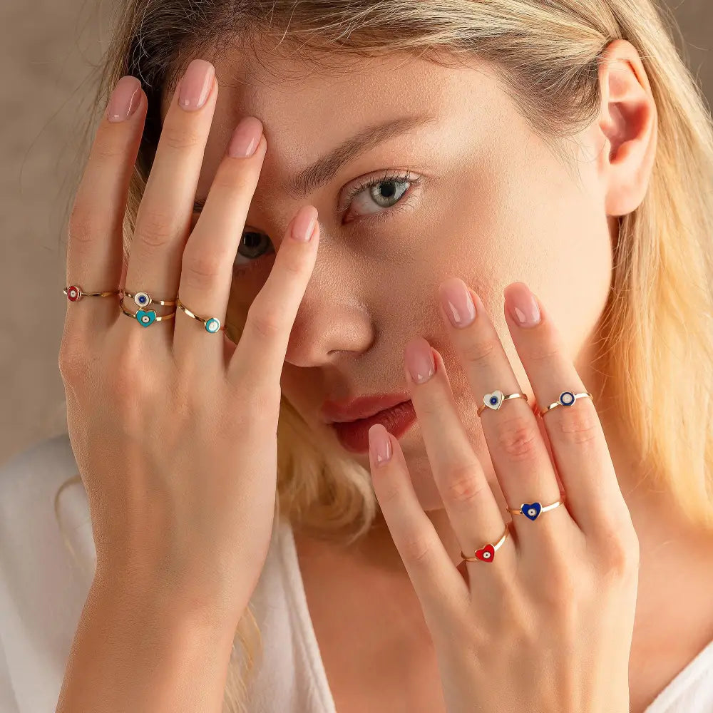 14K Solid Gold Heart Evil Eye Ring Boho Enamel Protection