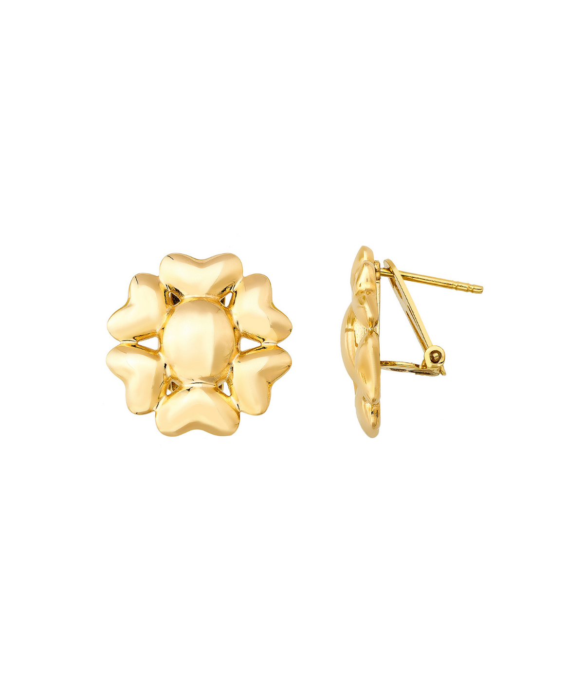 14K Solid Gold Heart Flower Omega Back Post Earring - Earrings