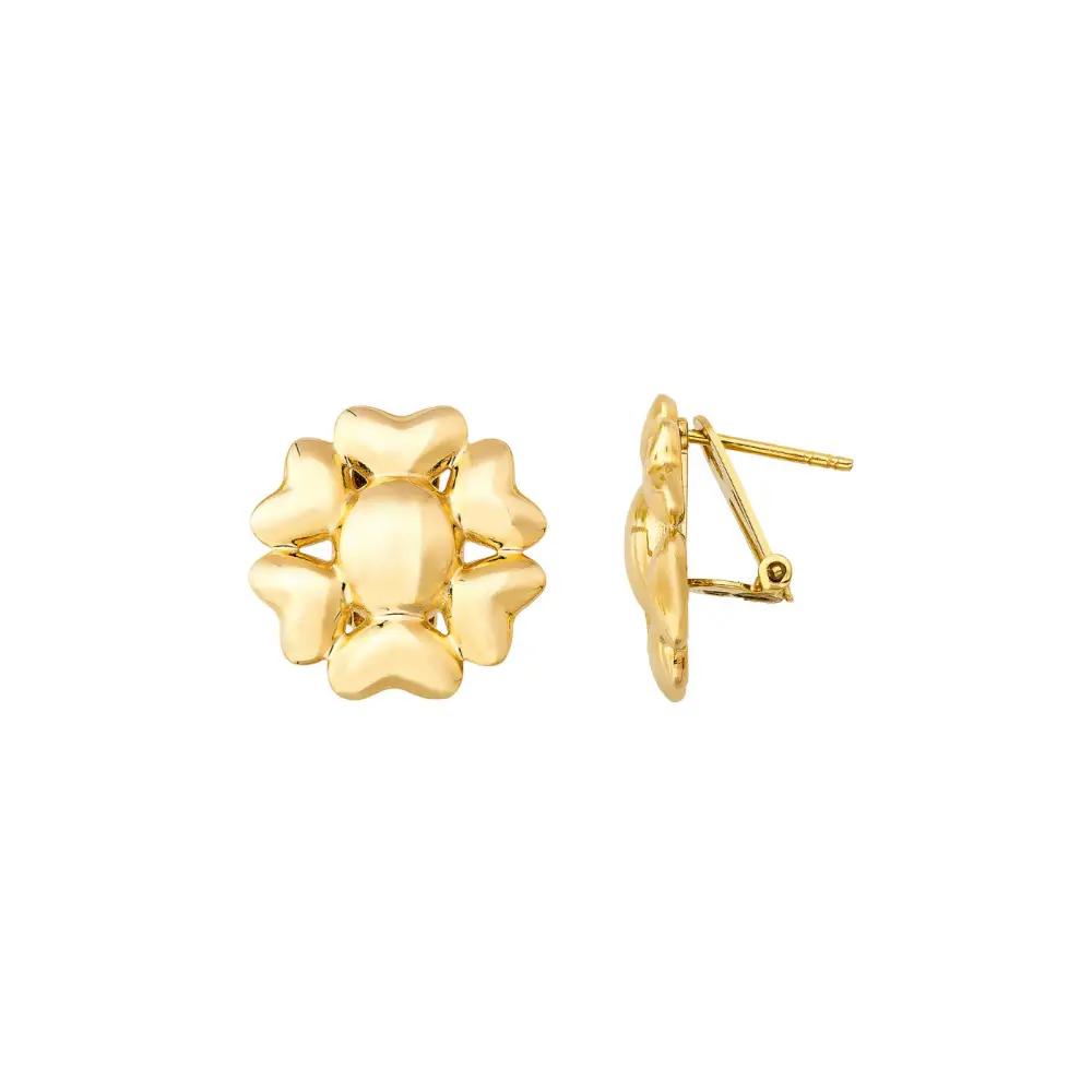 14K Solid Gold Heart Flower Omega Back Post Earring - Earrings