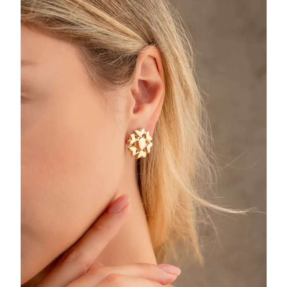 14K Solid Gold Heart Flower Omega Back Post Earring - Earrings