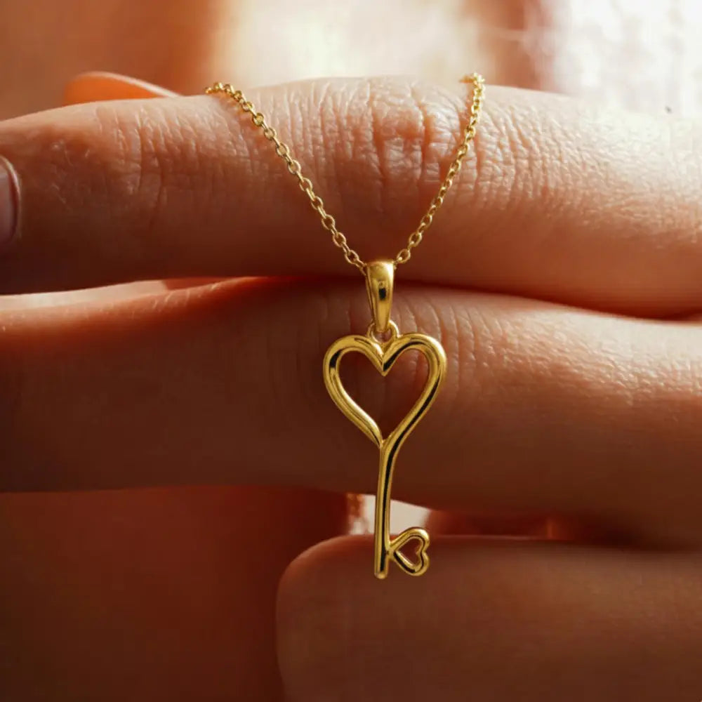 14K Solid Gold Heart Key Pendant Necklace Romantic Love Symbol Jewelry - Jewelry