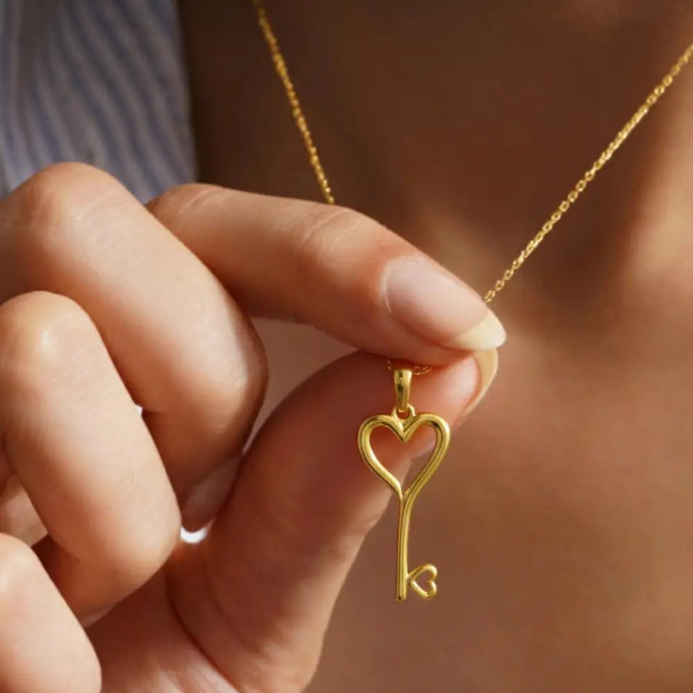 14K Solid Gold Heart Key Pendant Necklace Romantic Love Symbol Jewelry - Jewelry