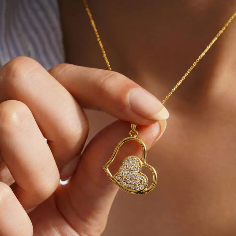 14K Solid Gold Heart Necklace Sparkling Pave Love Pendant for Her Dainty Romantic Jewelry Anniversary Gift for Wife