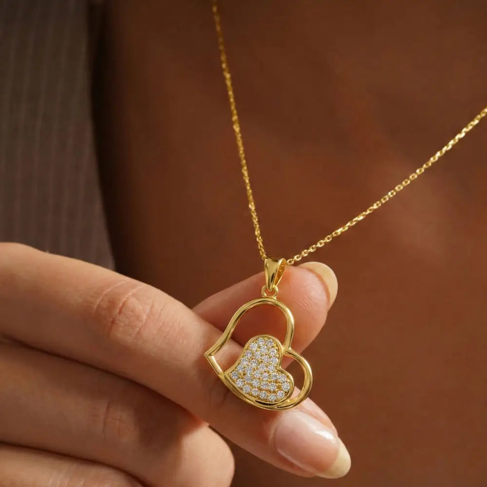 14K Solid Gold Heart Necklace Sparkling Pave Love Pendant for Her Dainty Romantic Jewelry Anniversary Gift for Wife