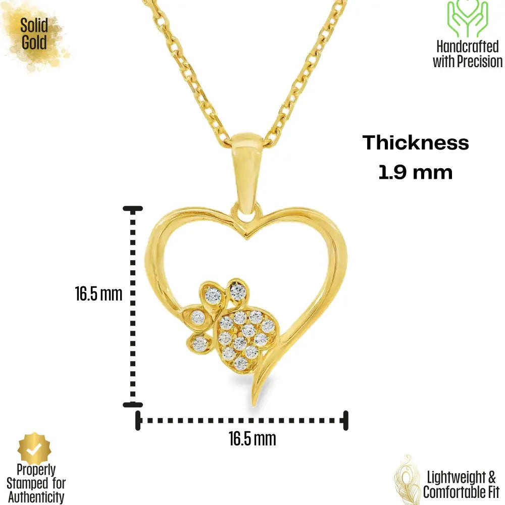 14K Solid Gold Heart Paw Print Necklace CZ Simulated Diamond Pet Lover Jewelry Dog Cat Mom Memorial Gift Dainty Sparkle