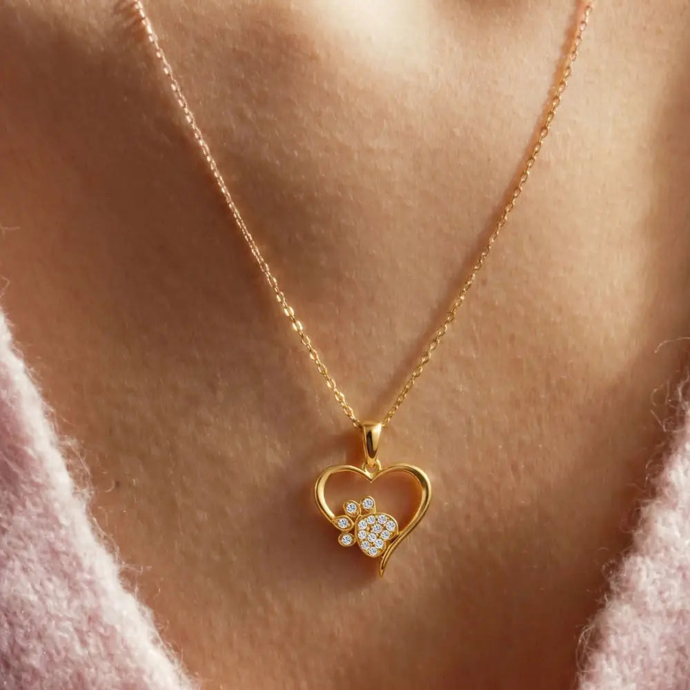 14K Solid Gold Heart Paw Print Necklace CZ Simulated Diamond Pet Lover Jewelry Dog Cat Mom Memorial Gift Dainty Sparkle