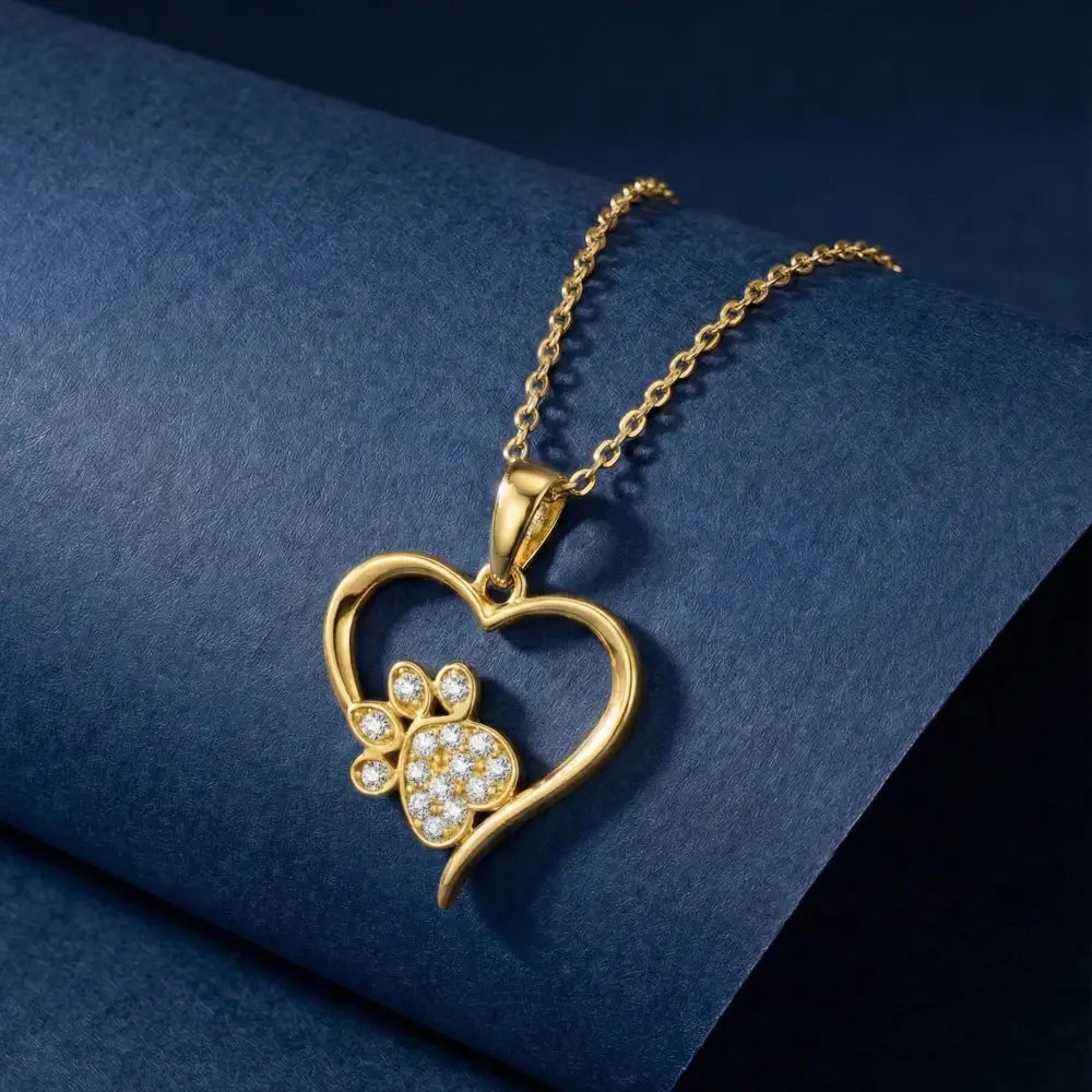 14K Solid Gold Heart Paw Print Necklace CZ Simulated Diamond Pet Lover Jewelry Dog Cat Mom Memorial Gift Dainty Sparkle