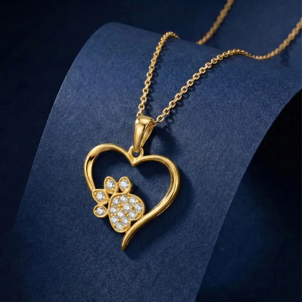 14K Solid Gold Heart Paw Print Necklace CZ Simulated Diamond Pet Lover Jewelry Dog Cat Mom Memorial Gift Dainty Sparkle