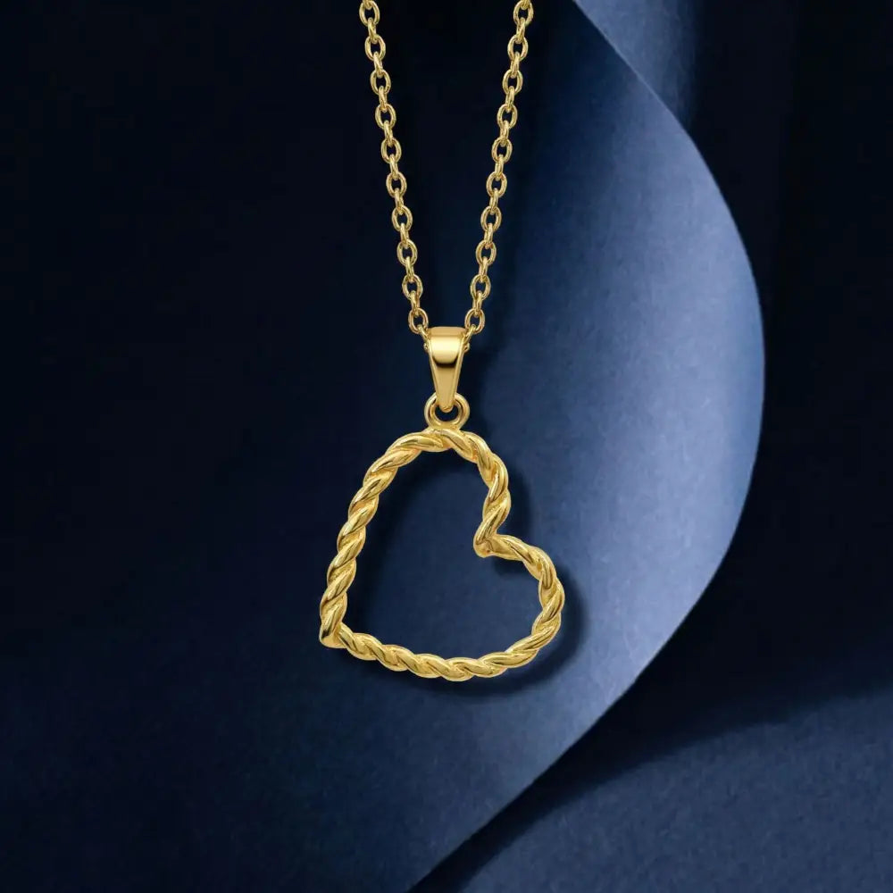 14K Solid Gold Heart Pendant Necklace Twisted Rope Design Handmade Jewelry - Pendants