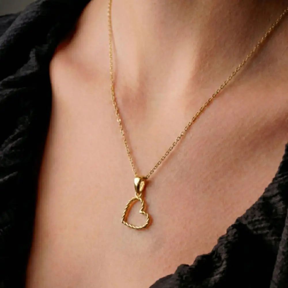 14K Solid Gold Heart Pendant Necklace Twisted Rope Design Handmade Jewelry - Pendants