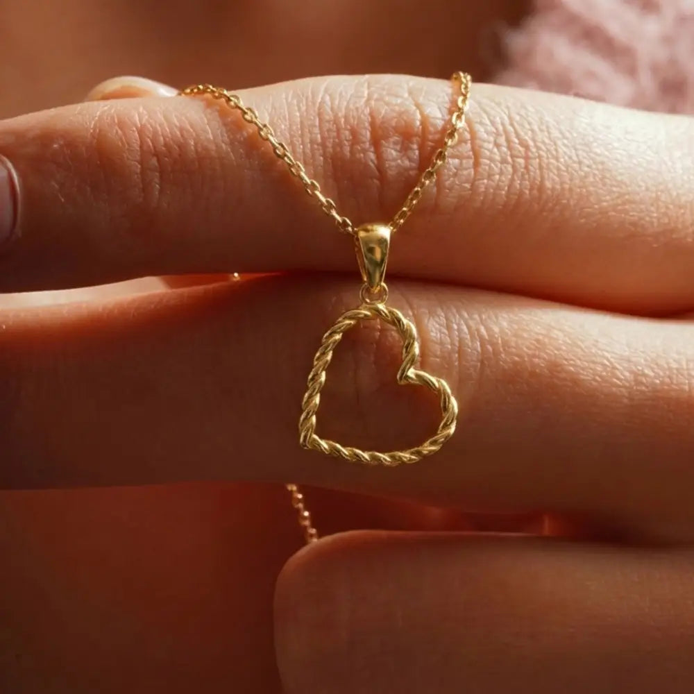 14K Solid Gold Heart Pendant Necklace Twisted Rope Design Handmade Jewelry - Pendants