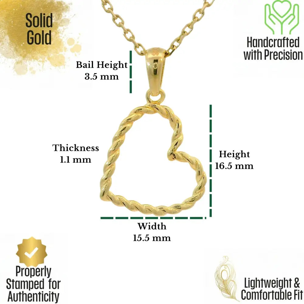 14K Solid Gold Heart Pendant Necklace Twisted Rope Design Handmade Jewelry - Pendants