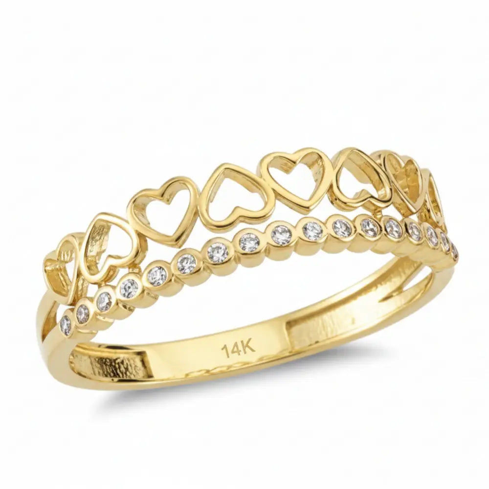 14K Solid Gold Heart Ring Simulated Diamond Half Eternity Band