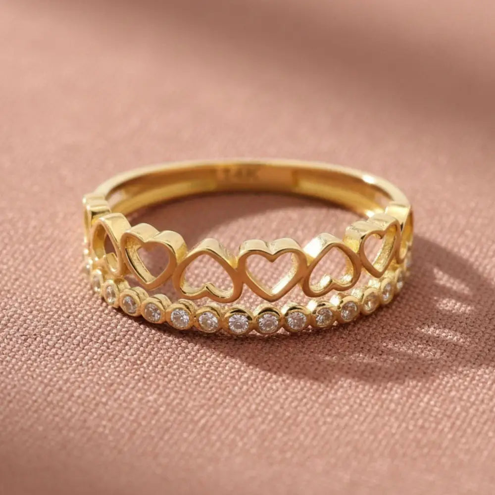 14K Solid Gold Heart Ring Simulated Diamond Half Eternity Band