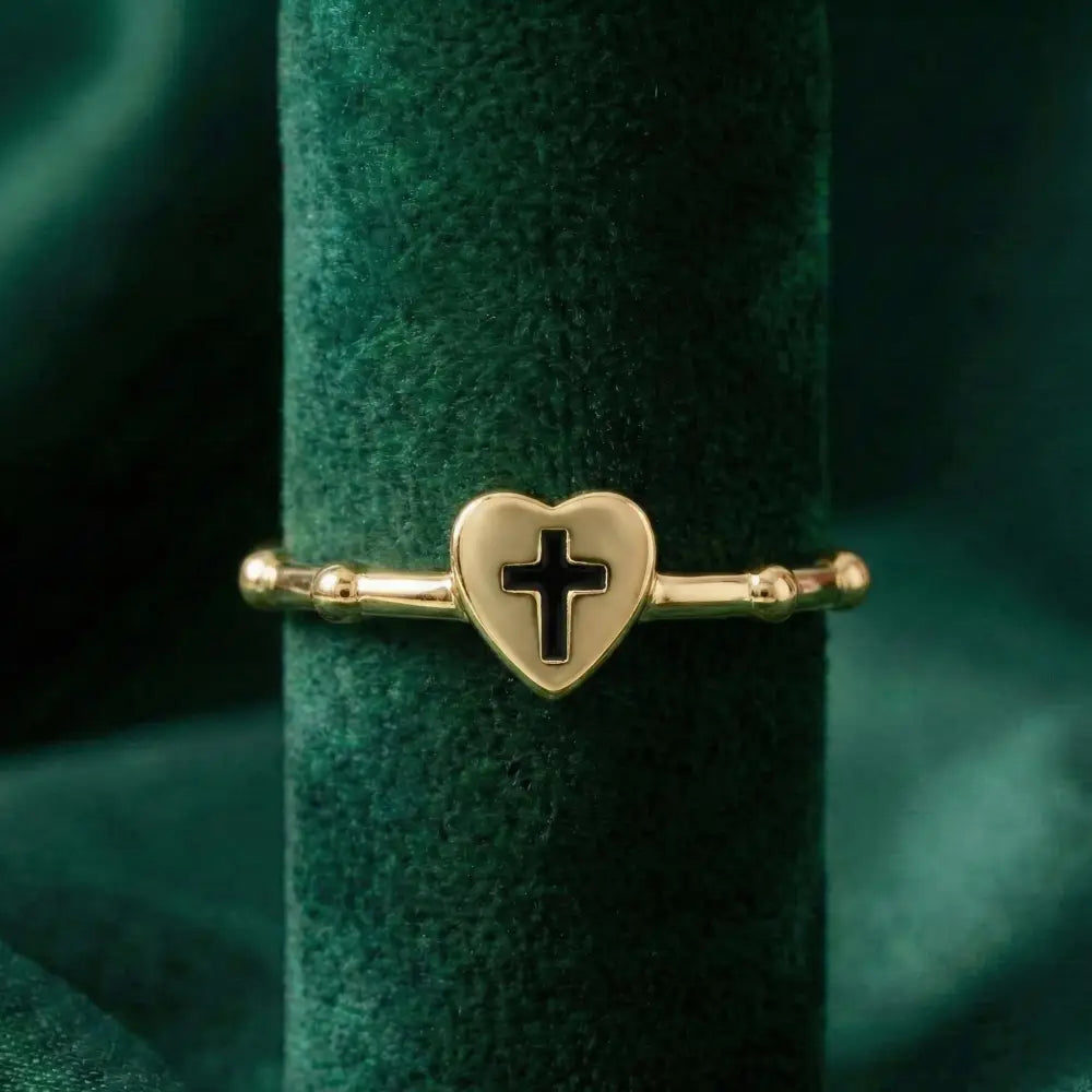 14K Solid Gold Heart Ring with Black Cross Handmade Faith Jewelry Adjustable Band