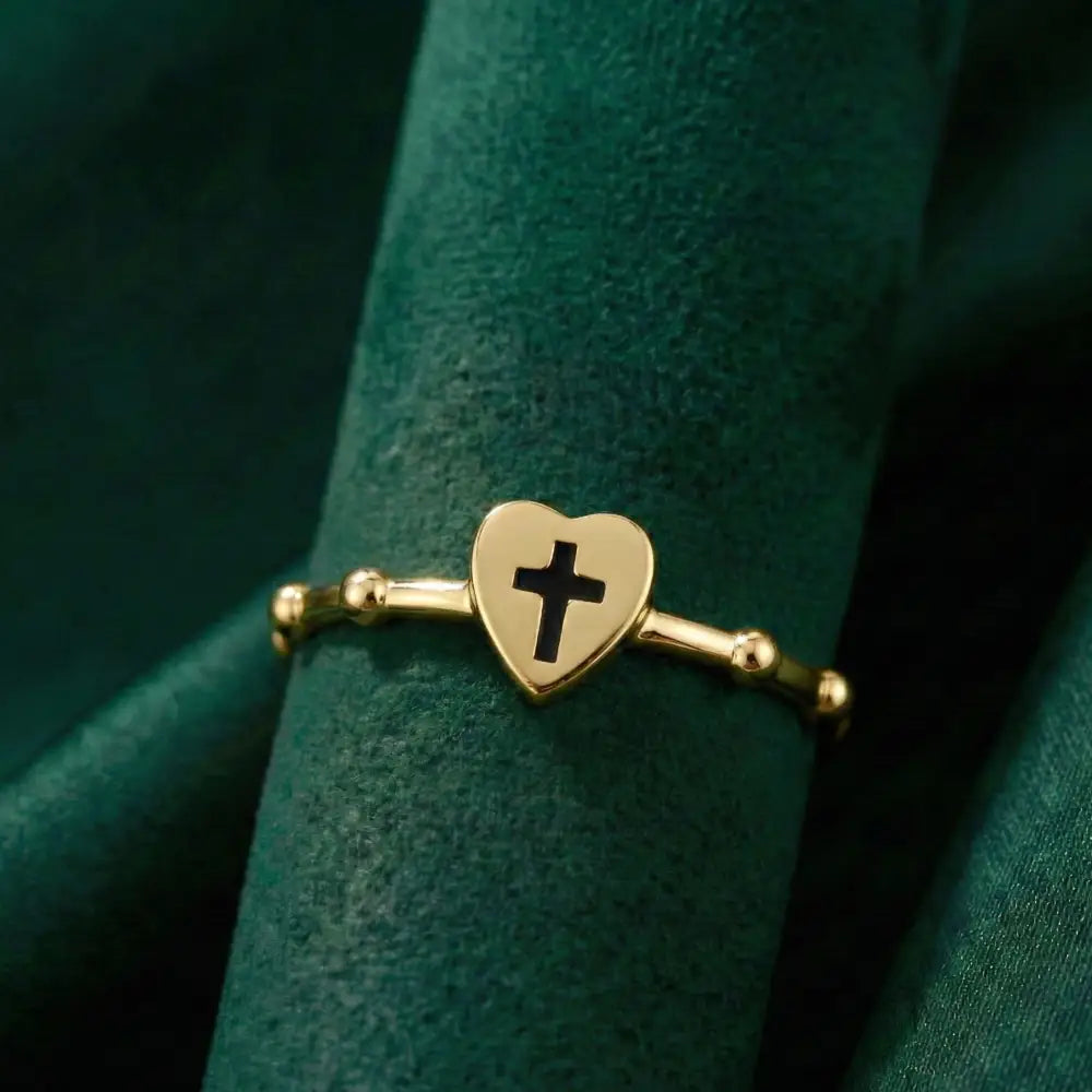 14K Solid Gold Heart Ring with Black Cross Handmade Faith Jewelry Adjustable Band