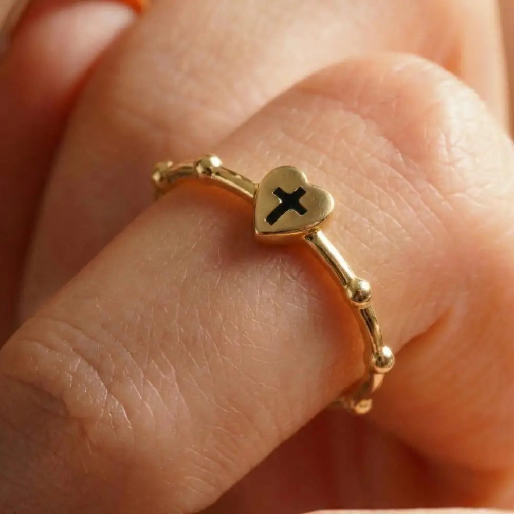 14K Solid Gold Heart Ring with Black Cross Handmade Faith Jewelry Adjustable Band