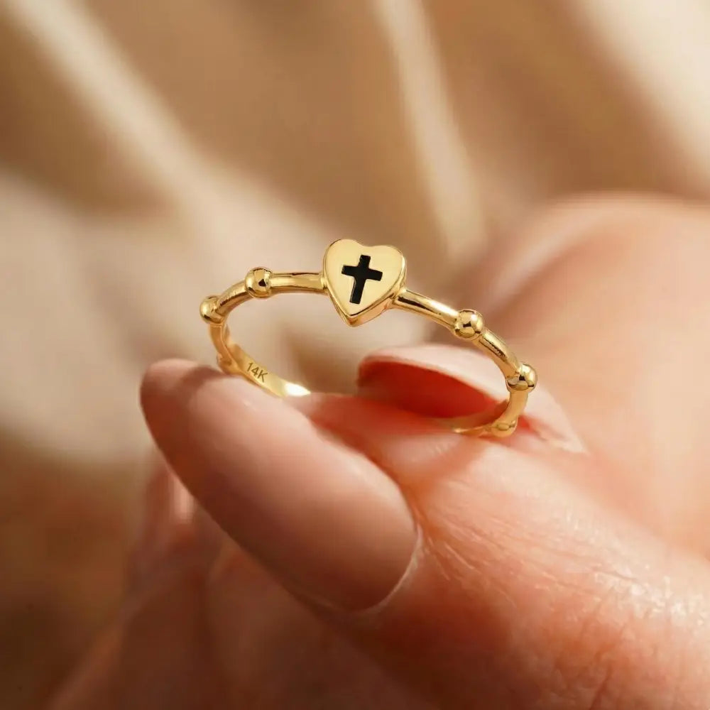 14K Solid Gold Heart Ring with Black Cross Handmade Faith Jewelry Adjustable Band