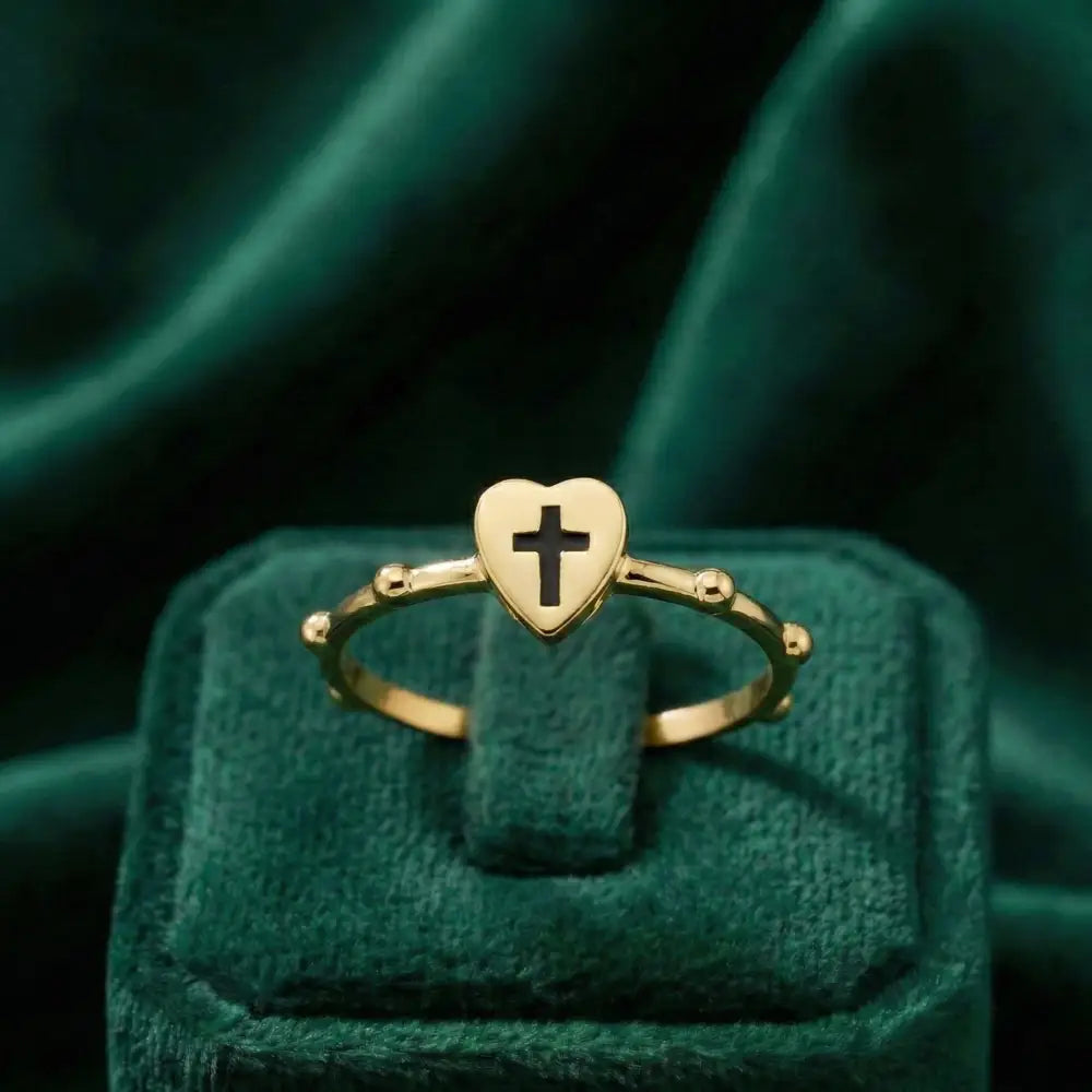 14K Solid Gold Heart Ring with Black Cross Handmade Faith Jewelry Adjustable Band