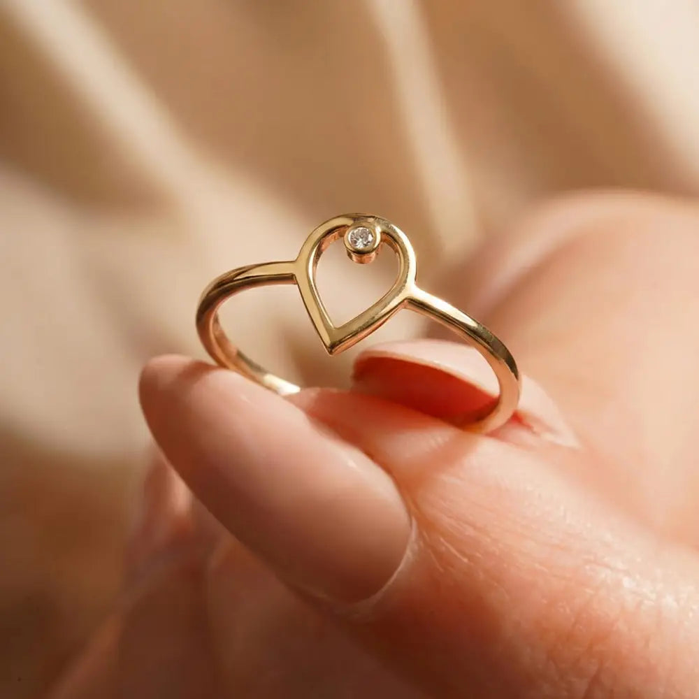 14K Solid Gold Heart Ring with Diamond Handmade Minimalist Love Design for Women