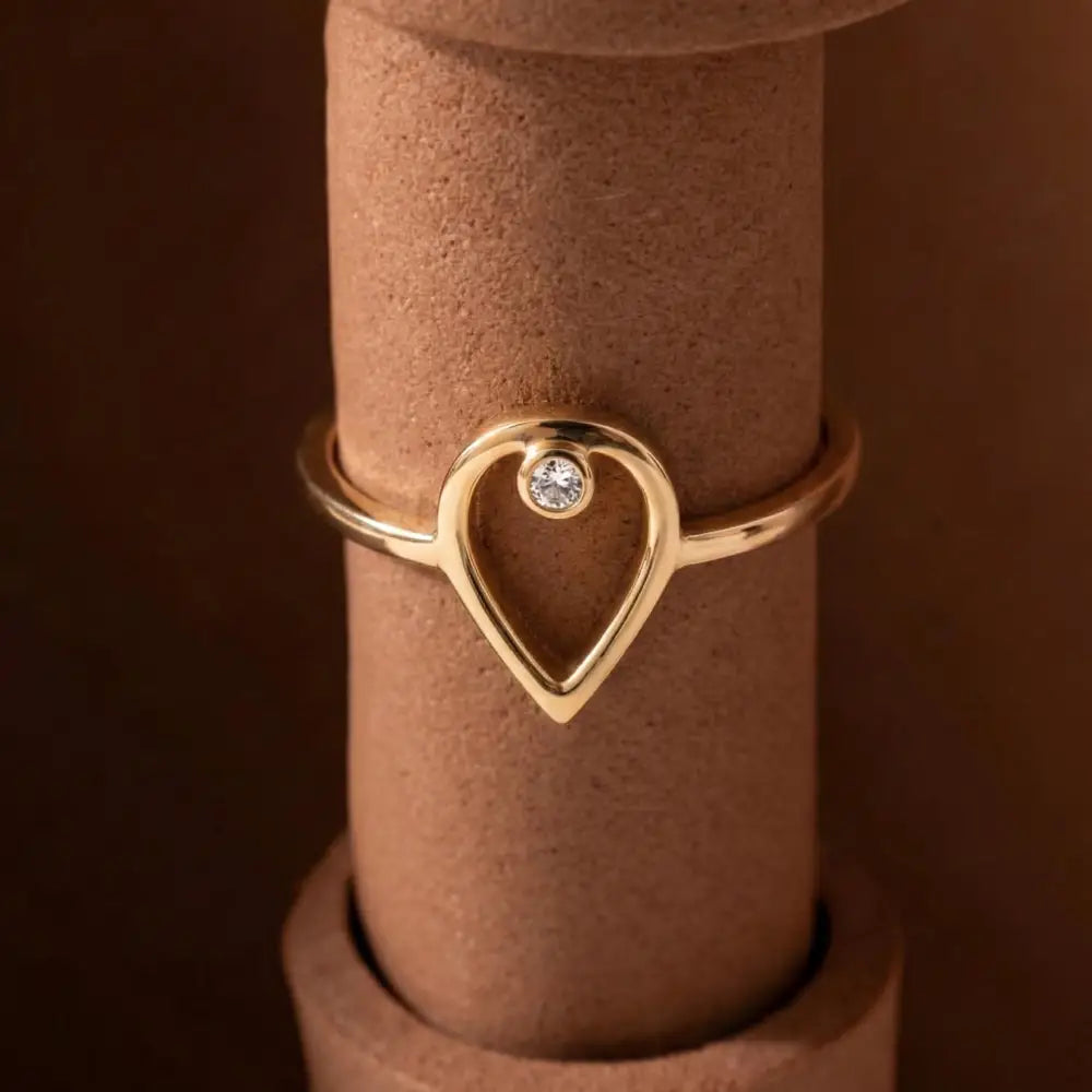 14K Solid Gold Heart Ring with Diamond Handmade Minimalist Love Design for Women
