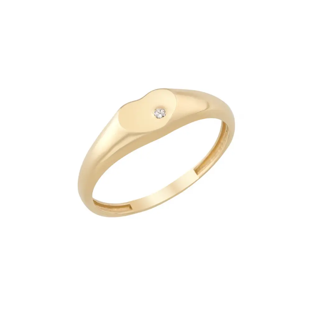 14K Solid Gold Heart Signet Ring Cubic Zirconia - Rings
