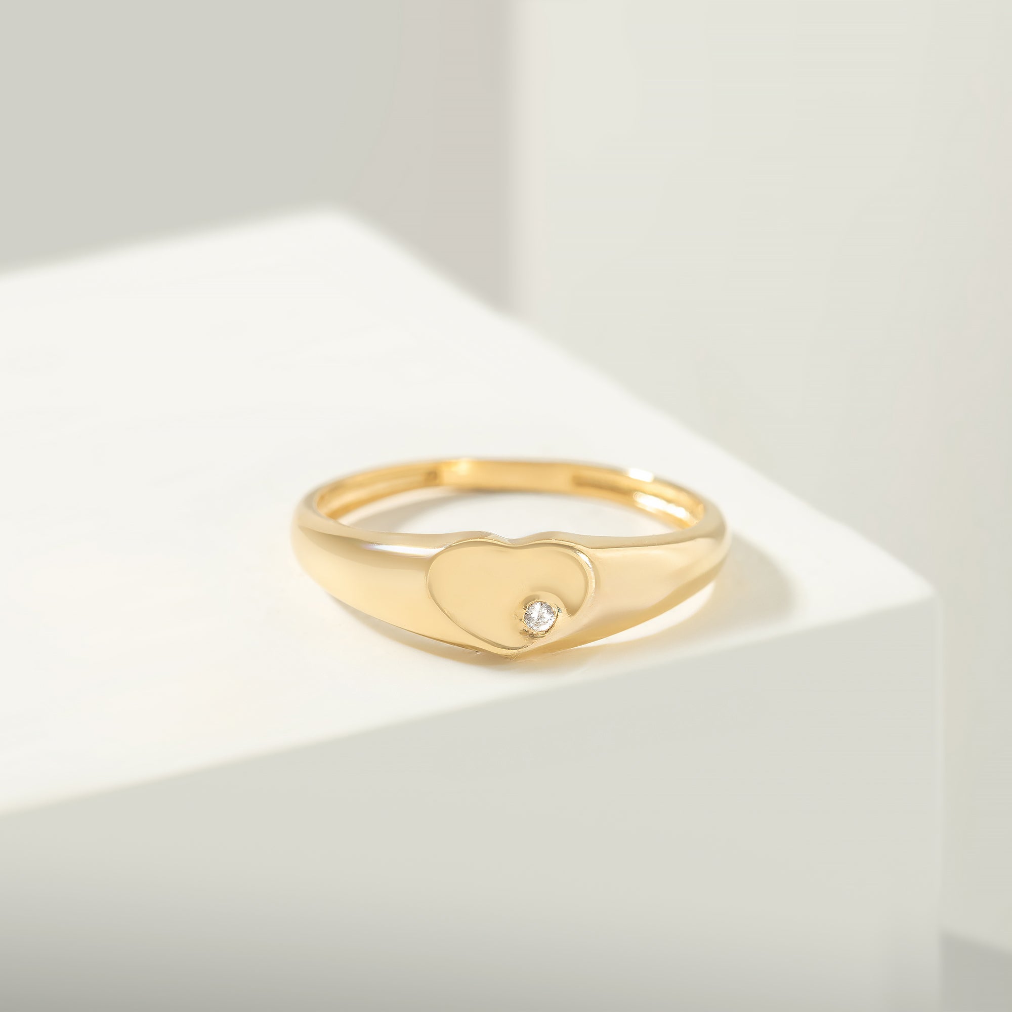 14K Solid Gold Heart Signet Ring Cubic Zirconia - Rings