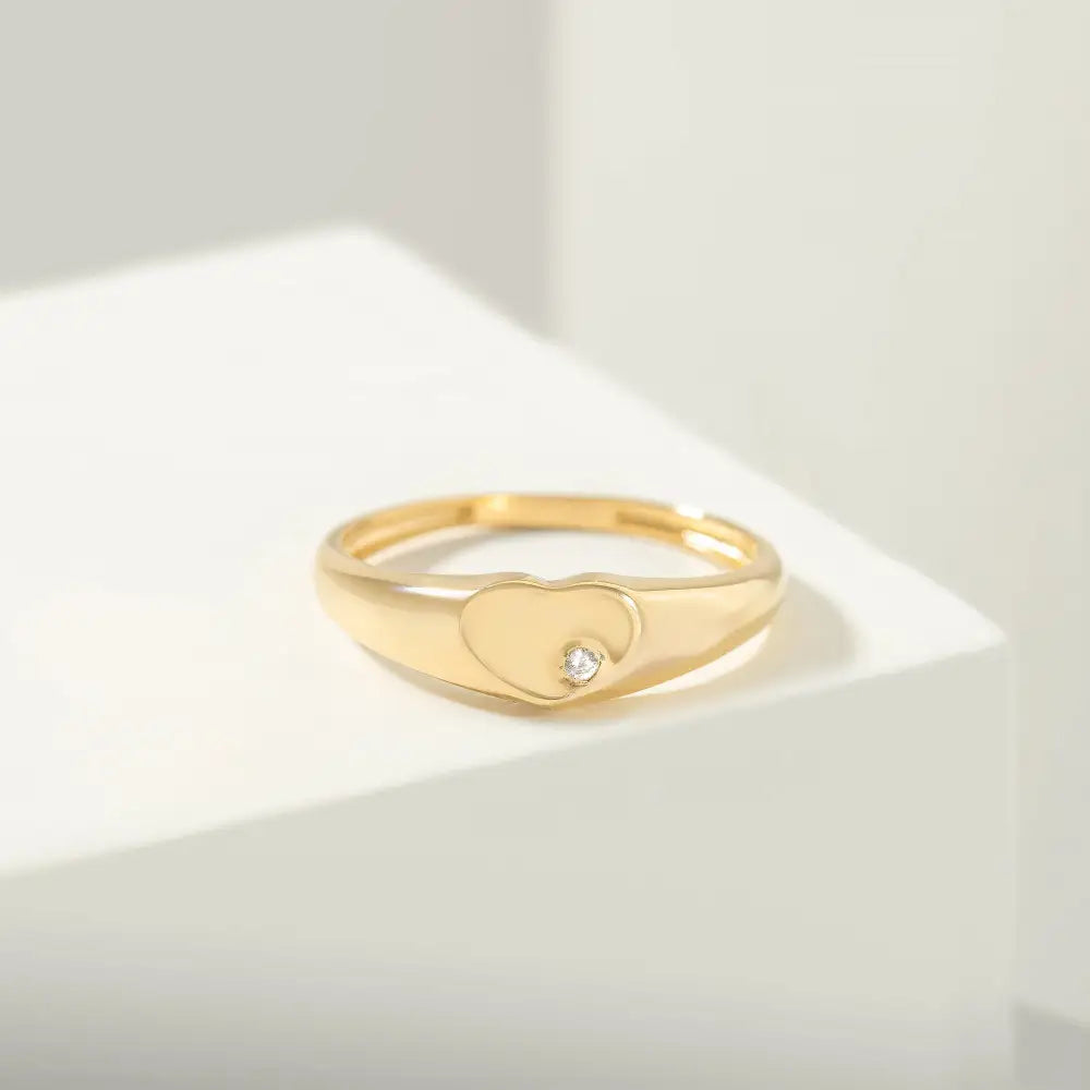14K Solid Gold Heart Signet Ring Cubic Zirconia - Rings