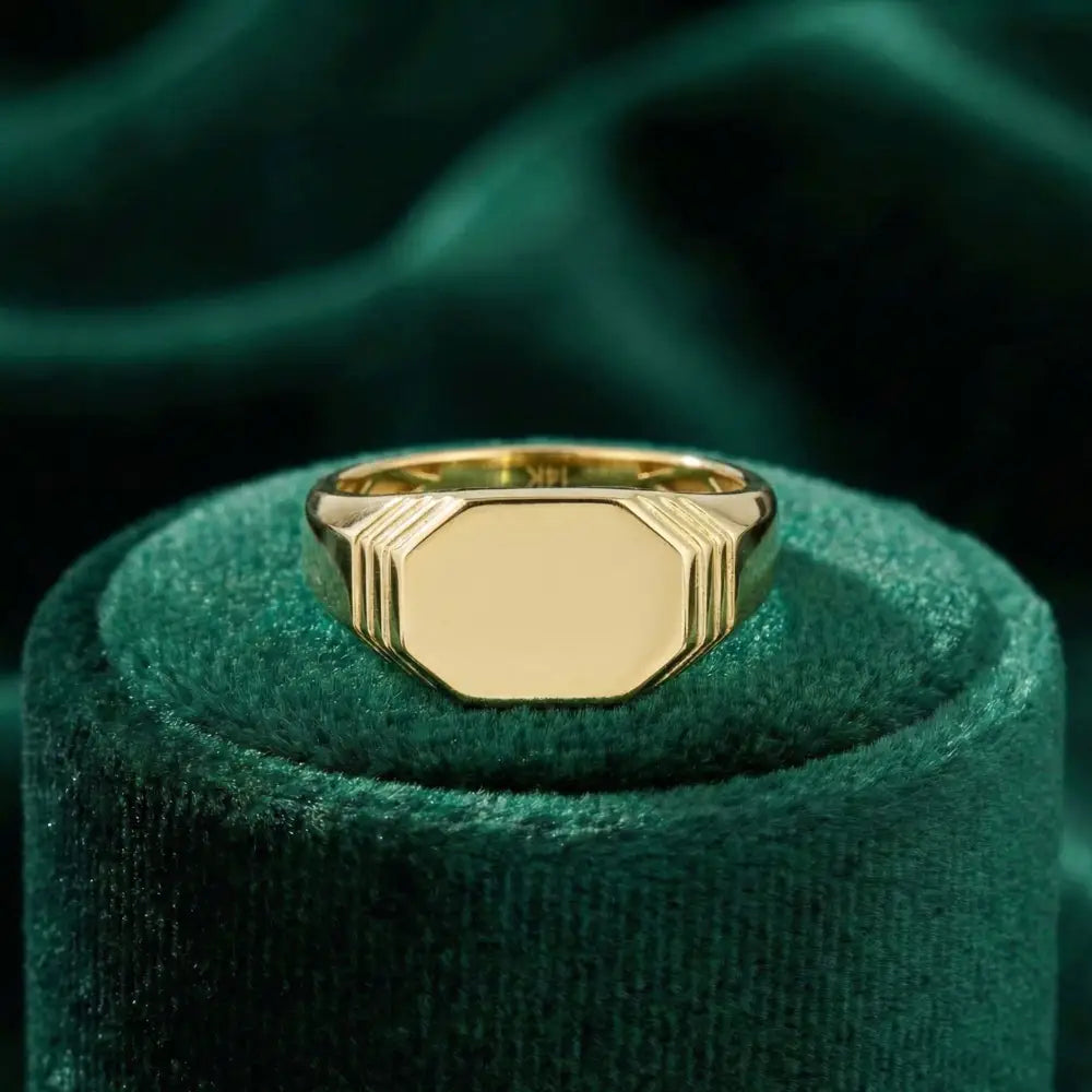 14K Solid Gold Hexagon Signet Ring for Men Classic Yellow Geometric Statement Band Mens Pinky Ring Minimalist Jewelry