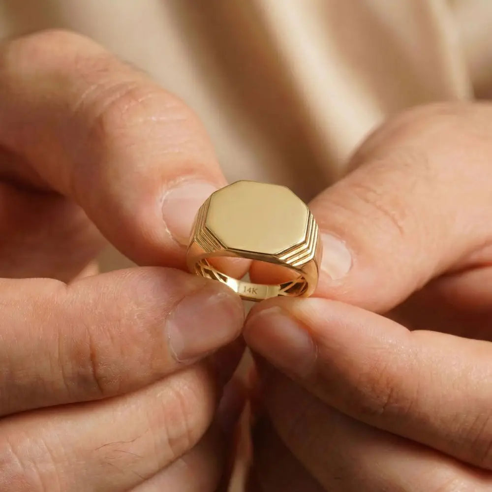 14K Solid Gold Hexagon Signet Ring for Men Classic Yellow Geometric Statement Band Mens Pinky Ring Minimalist Jewelry