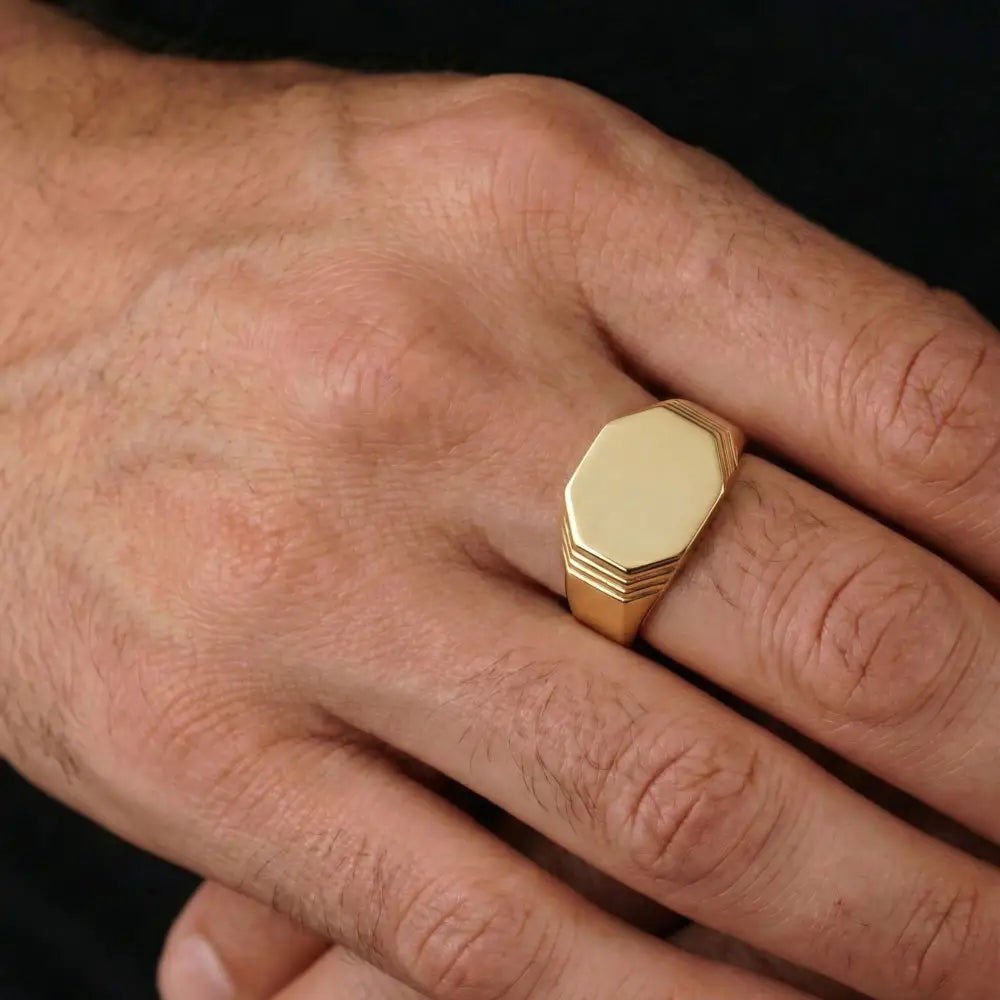 14K Solid Gold Hexagon Signet Ring for Men Classic Yellow Geometric Statement Band Mens Pinky Ring Minimalist Jewelry