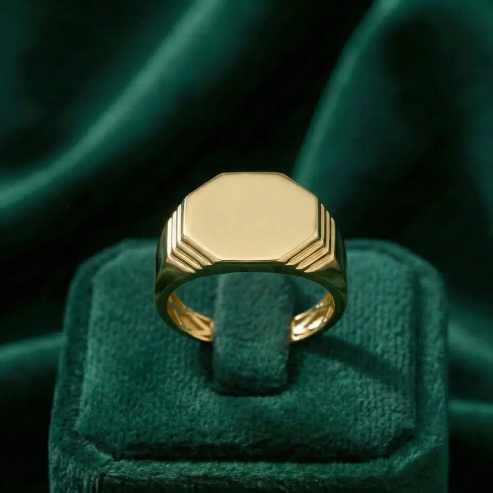 14K Solid Gold Hexagon Signet Ring for Men Classic Yellow Geometric Statement Band Mens Pinky Ring Minimalist Jewelry