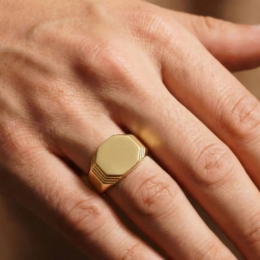 14K Solid Gold Hexagon Signet Ring for Men Classic Yellow Geometric Statement Band Mens Pinky Ring Minimalist Jewelry