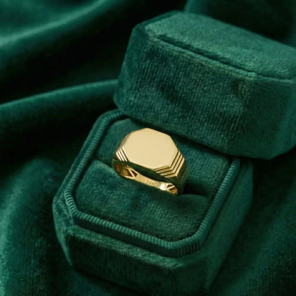 14K Solid Gold Hexagon Signet Ring for Men Classic Yellow Geometric Statement Band Mens Pinky Ring Minimalist Jewelry