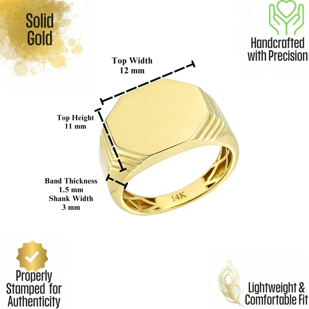 14K Solid Gold Hexagon Signet Ring for Men Classic Yellow Geometric Statement Band Mens Pinky Ring Minimalist Jewelry