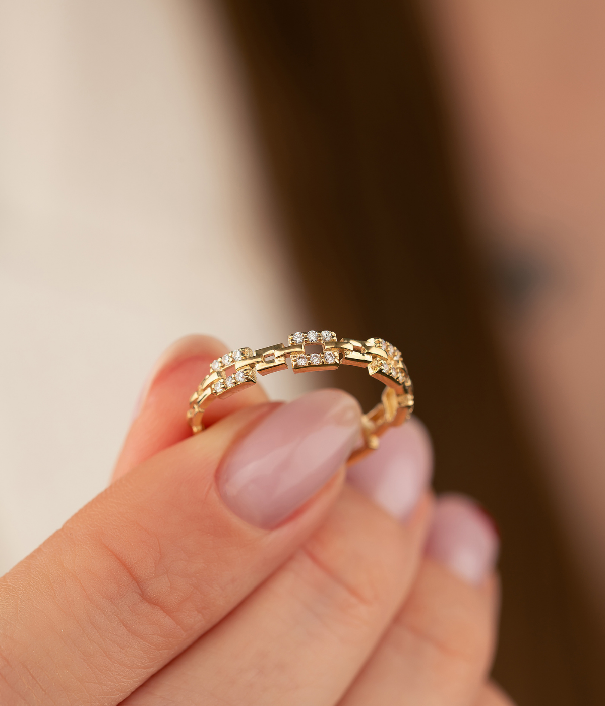14K Solid Gold Hinged Segment with CZ Pave Square Links Ring - Rings