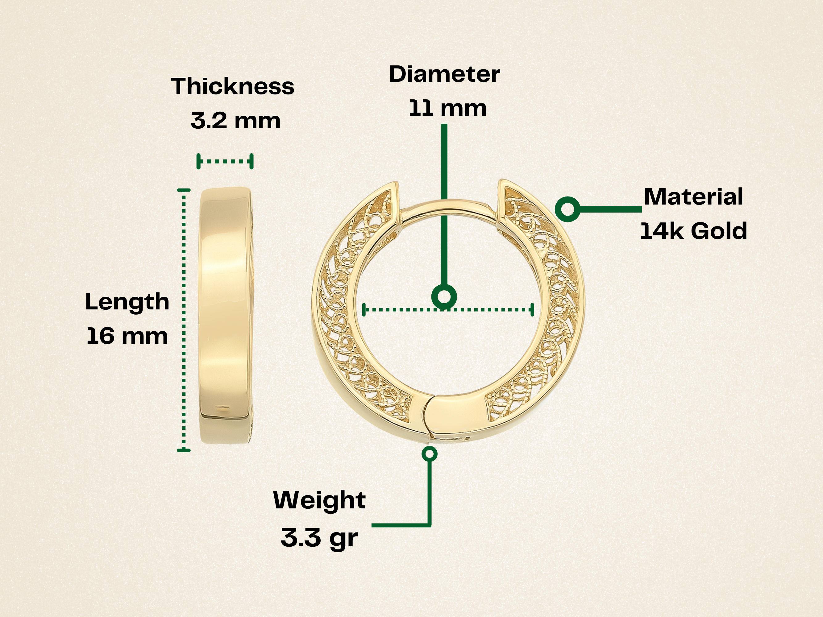 14K Solid Gold Hoop Huggie Earrings – 11mm Chunky Stacking Everyday Hoops for Women - Hoop Earrings