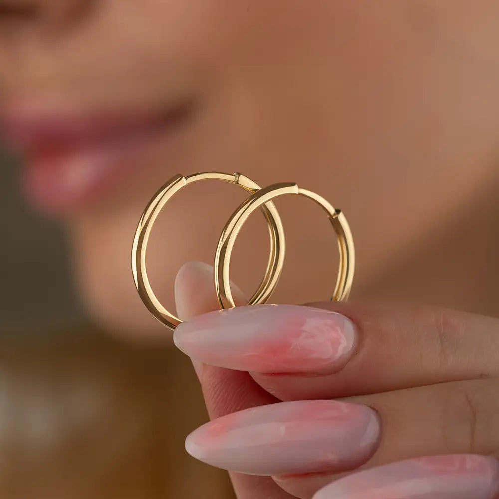 14K Solid Gold Hoop Huggie Earrings | 21mm Everyday Stacking Hoops for Women | Set of 2 - Single (1 Earring) / 14K