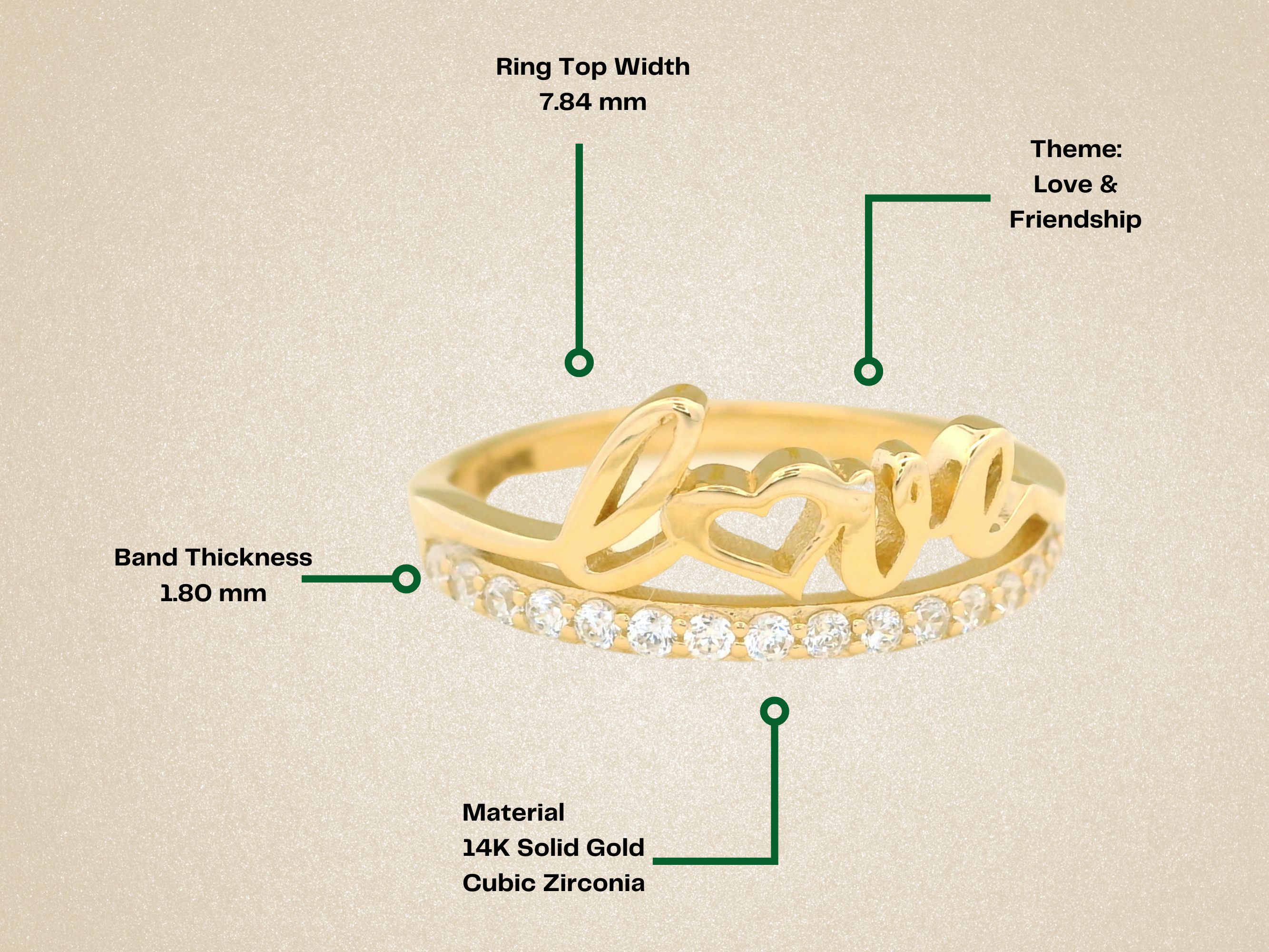 14K Solid Gold Initial Love Ring Script Love Ring - Stackable Rings