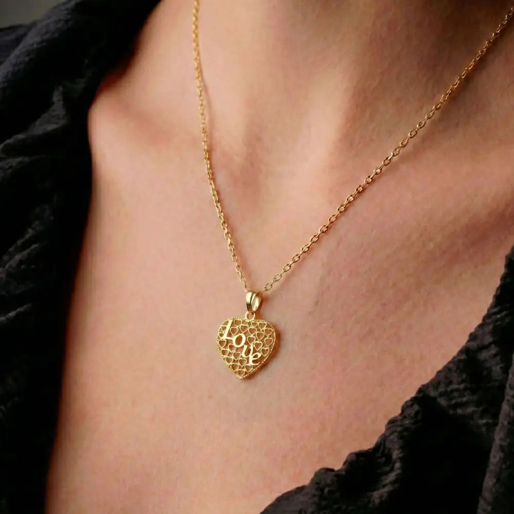 14K Solid Gold Love Necklace Intricate Filigree Heart Pendant for Her Romantic Anniversary Gift Vintage Style Jewelry